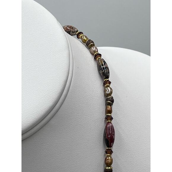 Michal Golan Agate Brown Gray Neutral Single Strand Pearl Crystal Brass necklace - Picture 3 of 16